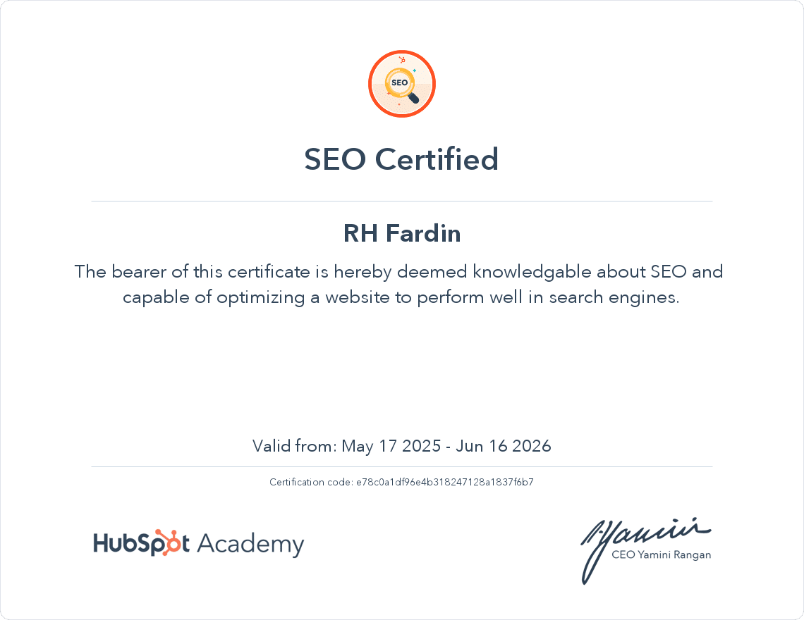 Hubspot Certificate of SEO