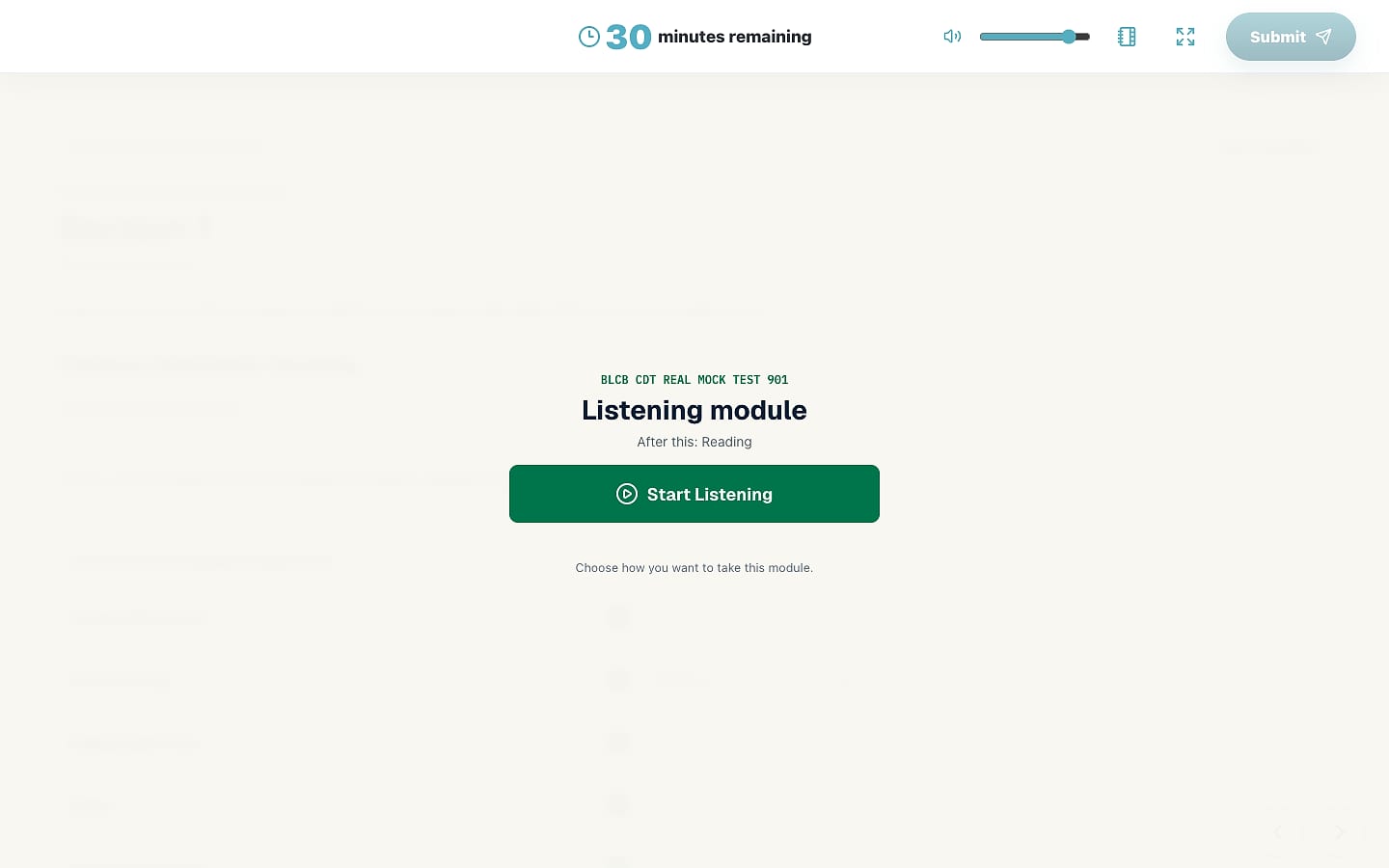 The module start screen before a Listening test begins