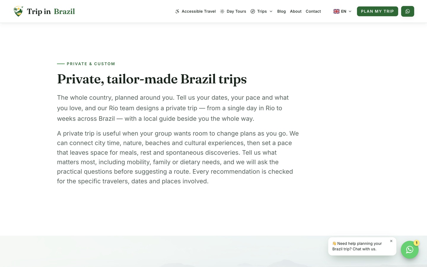 The private tours page