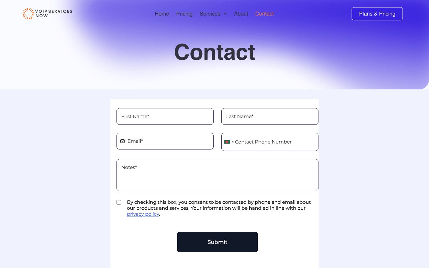 The contact page with enquiry form