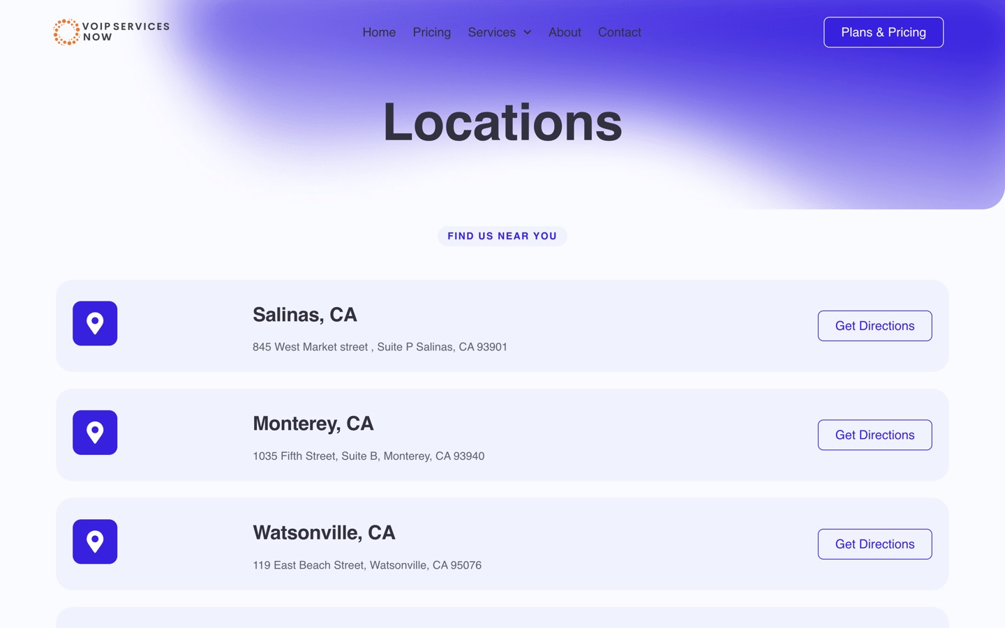 The locations hub listing California service areas