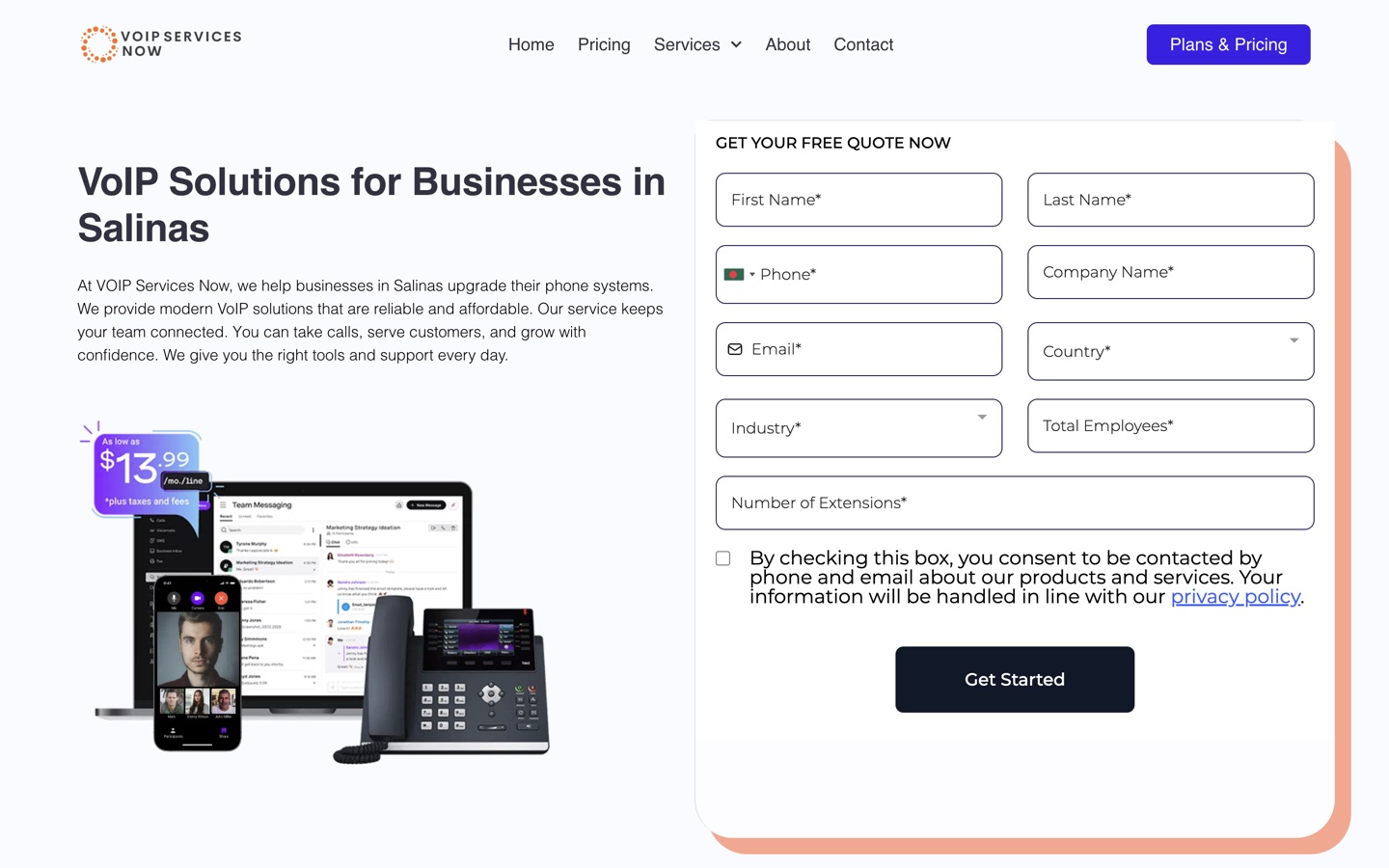 The Salinas VoIP landing page